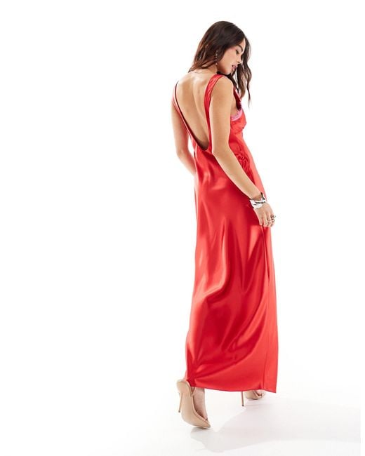 Miss Selfridge Red Satin Lace Trim Maxi Dress