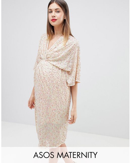 ASOS Pink Asos Design Maternity Scatter Sequin Knot Front Kimono Midi Dress
