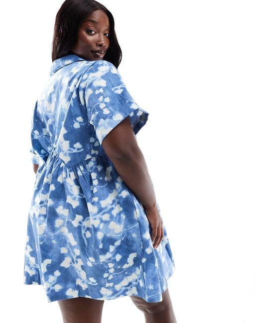 Asos design curve - vestito camicia corto blu con stampa astratta con rever e fondo stile corsetto di ASOS in Blue