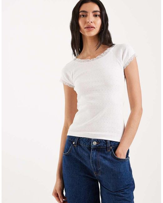 Brave Soul White Pointelle T-shirt With Lace Trim