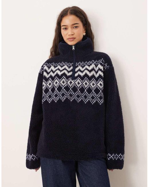ASOS Blue Borg Fleece Half Zip With Placement Fairisle