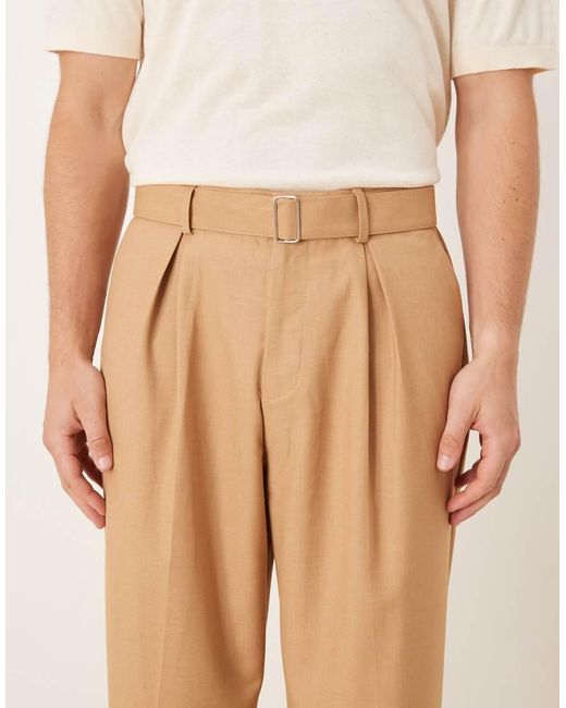 ASOS Natural Smart Wide Leg Belted Trousers With Front Pleat for men