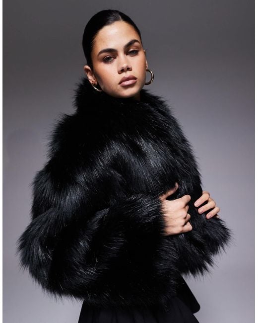 Aria Cove Blue Oversized Cropped Wide Sleeve Faux Fur Jacket