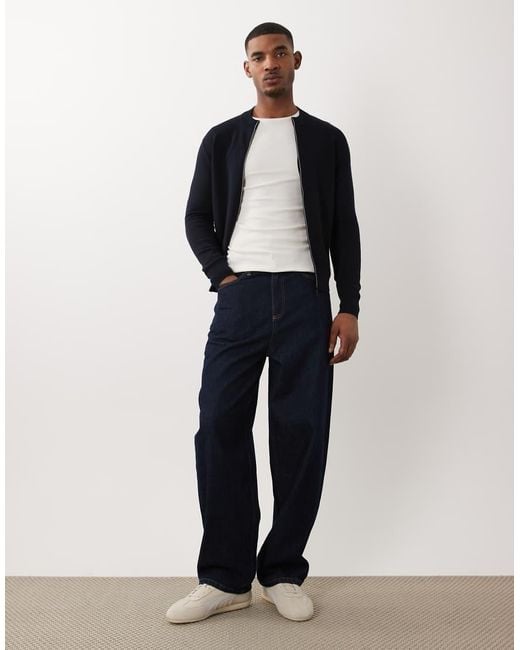 Mango Blue Mock Neck Zip Through Knitted Cardigan