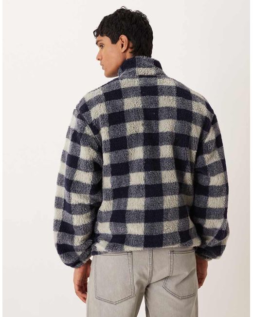 ASOS Blue Relaxed Quarter Zip Borg Sweatshirt With Check Print for men