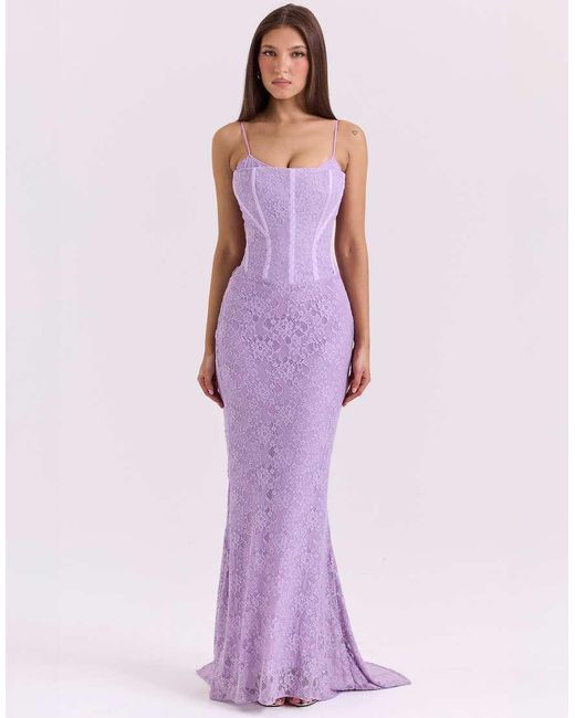 House Of Cb Purple Antonina Lace Corset Maxi Dress
