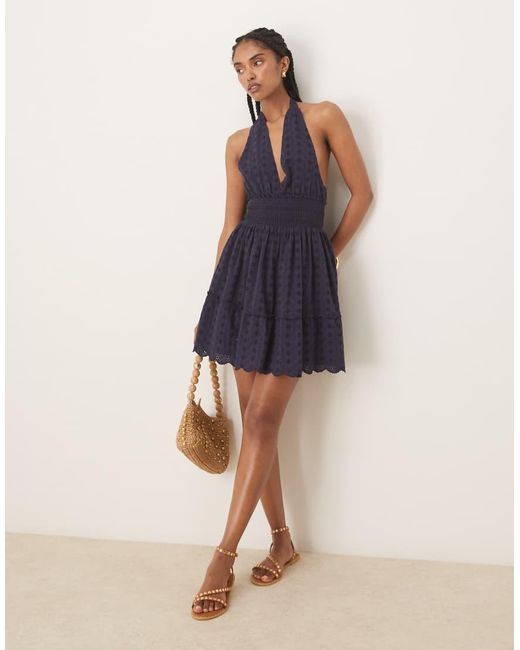Iisla & Bird Blue Halterneck Broderie Mini Beach Dress