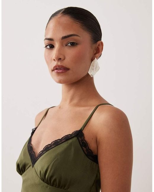 New Look Green Lace Trim Strappy Satin Midi Dress