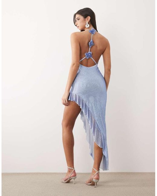 Oh Polly Blue Premium Embellished Plunge Cowl Neck Asymmetric Hem Midi Dress