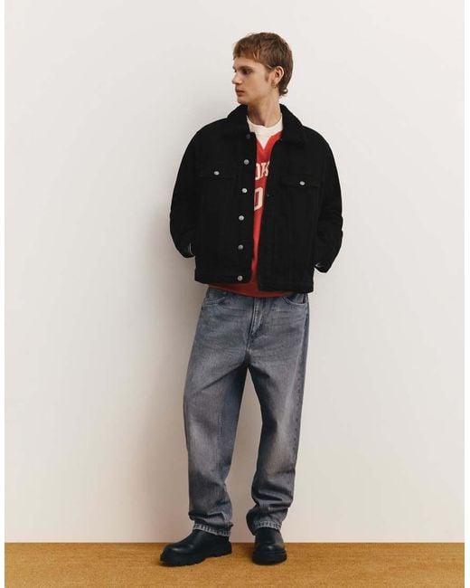 Pull&Bear Black Denim Jacket With Faux Shearling Collar for men