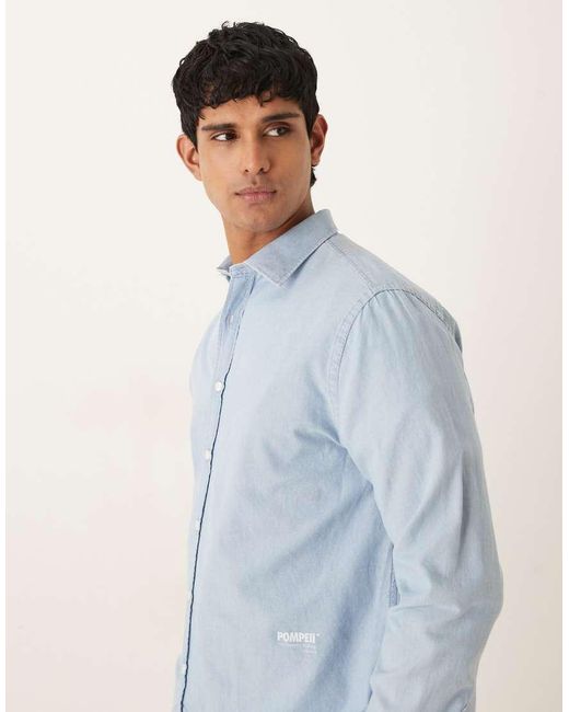 Pompeii UK Blue Pompeii Cotton Long Sleeve Logo Oxford Shirt for men