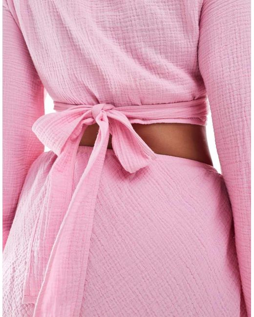 ASOS Pink Asos Design Curve Callie Cheesecloth Frayed Wrap Front Beach Shirt