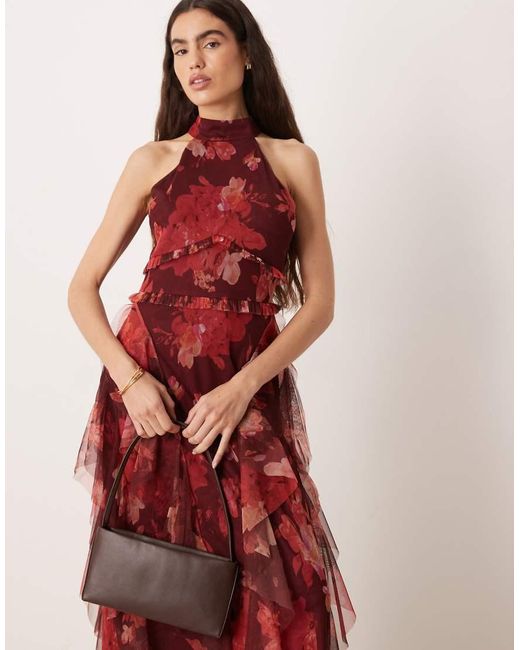 LACE & BEADS Red Halter Neck Ruffle Maxi Dress