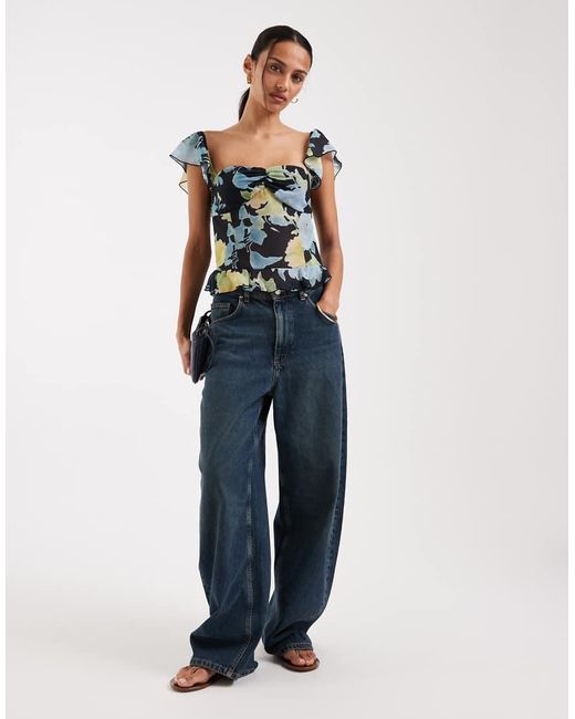 Motel Blue Selita Chiffon Flutter Sleeve Top