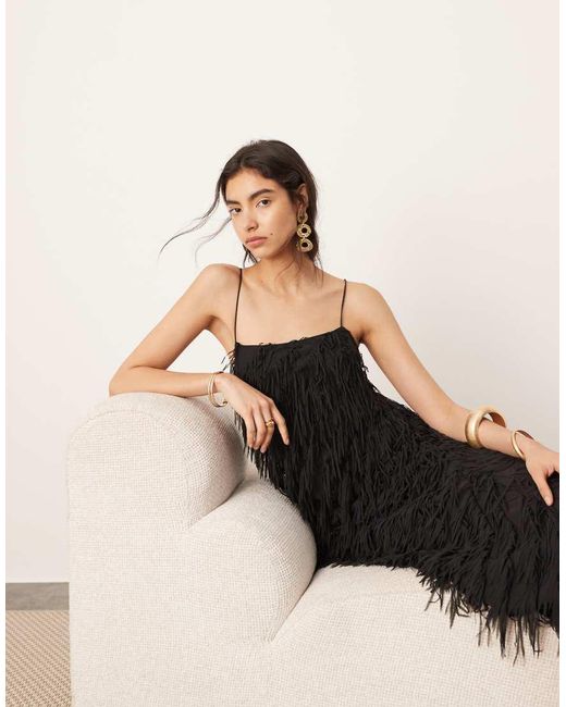 ASOS Black Textured Fringe Cami Maxi Dress With Low Back