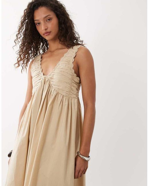 ASOS Natural V Neck Scalloped Maxi Dress With Back Tie