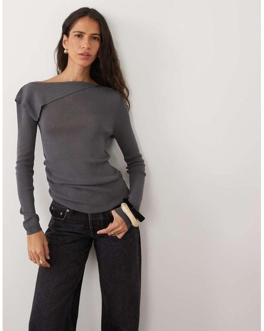 ASOS Gray Fine Knit Off The Shoulder Ruched Top
