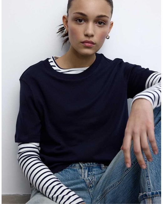 Stradivarius Blue Basic Regular Fit Heavy Weight T-Shirt