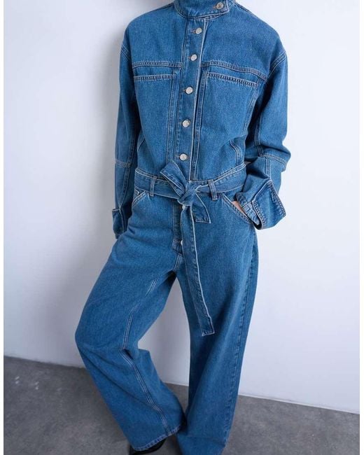 TOPSHOP Blue Denim Funnel Neck Belted Jumpsuit