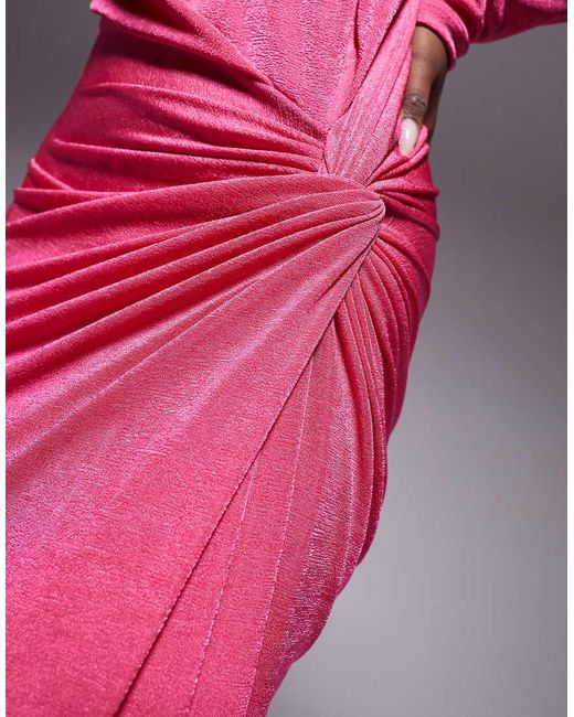 DASKA Pink Stretch Long Sleeve High Neck Twist Detail Maxi Dress