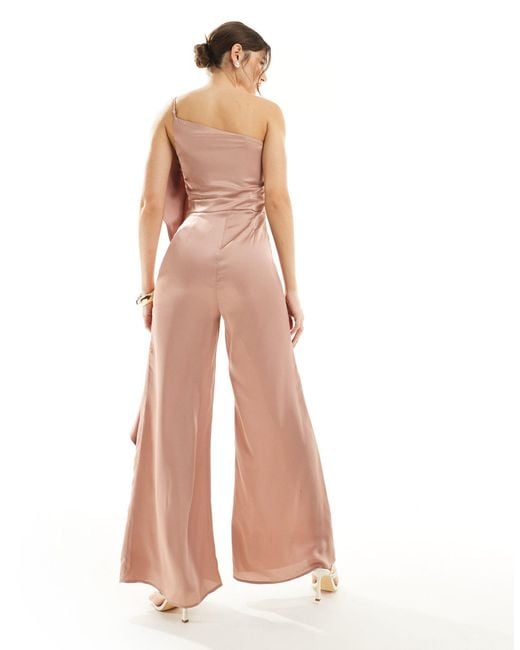 TFNC London Pink Bridesmaid Satin One Shoulder Jumpsuit With Frill Detail