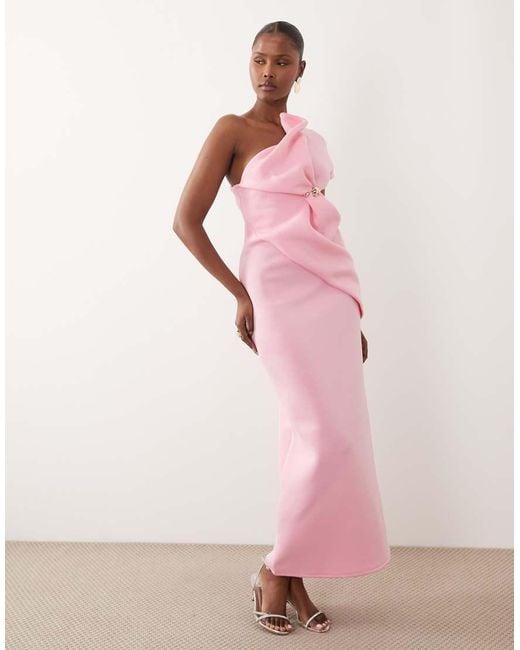 ASOS Pink Asymmetric One Shoulder Midi Dress With Trim