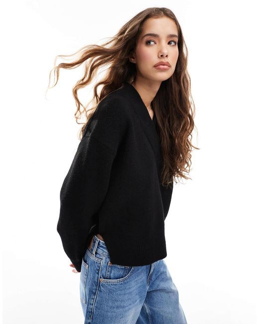 ASOS Black Boxy V Neck Jumper With Side Split Detail