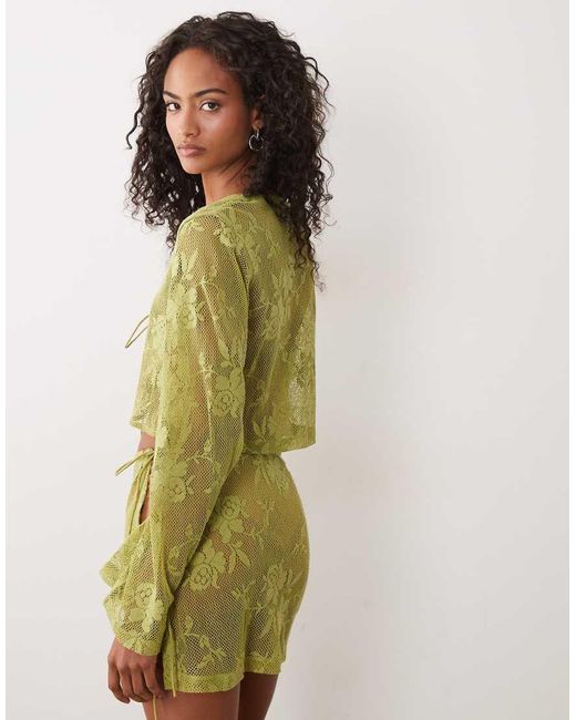 ASOS Green Sheer Crochet Lace Tie Front Co-ord Top