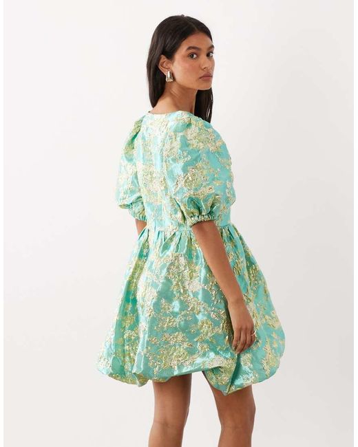 Sister Jane Green Jacquard Puff Sleeve Bubble Hem Mini Dress