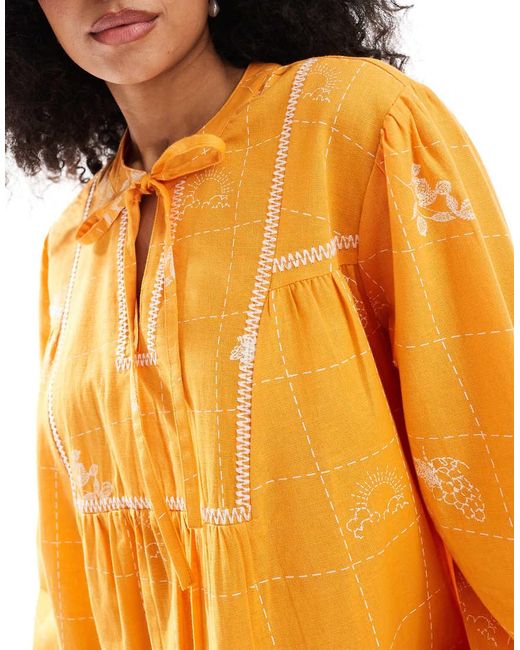 Native Youth Orange Embroidered Puff Sleeve Mini Smock Dress