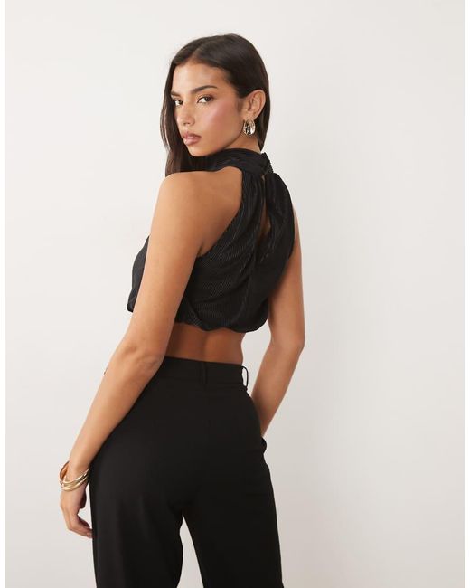 ASOS Black Co-ord Plisse Cropped Bubble Halter Neck Top