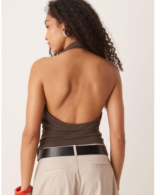 Mango Brown Asymmetric Halter Neck Top With Ruched Cinch Waist Detail