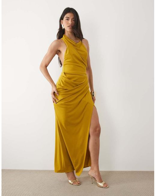 ASOS Metallic Ruched Waist High Neck Maxi Dress With Open Back