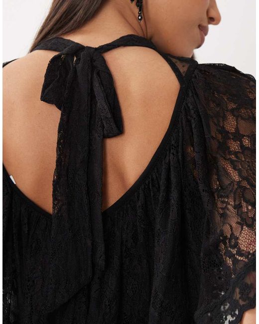 ASOS Black Lace Flutter Cape Top With Tie Back
