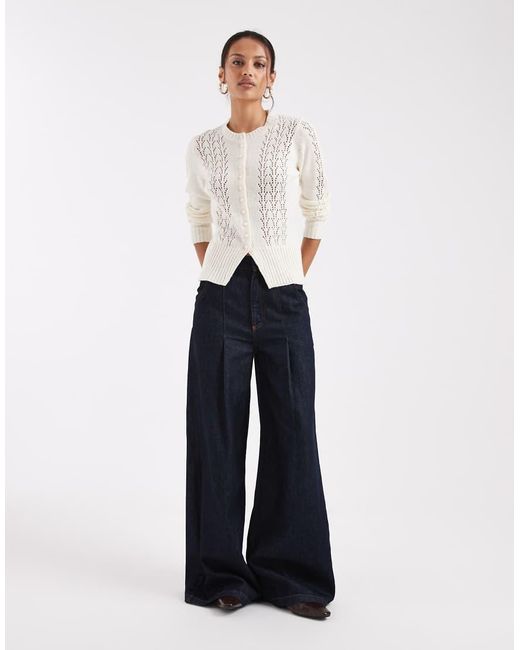 Threadbare White Crew Neck Pointelle Cardigan