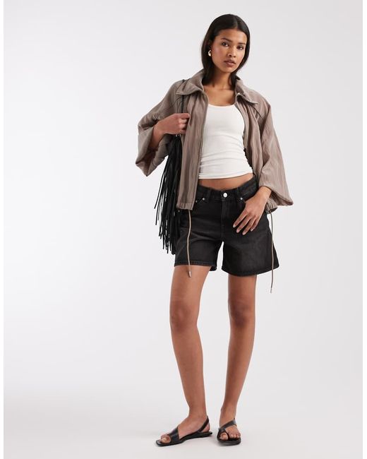 & Other Stories Brown Nylon Short Bomber Jacket With Waist Pleat Detail
