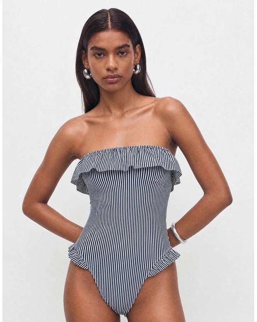 ASOS Blue Scarlet Stripe Bandeau Frill Swimsuit