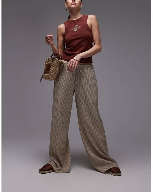 TOPSHOP Brown Crinkle Stripe Tie Waist Low Rise Wide Leg Pants