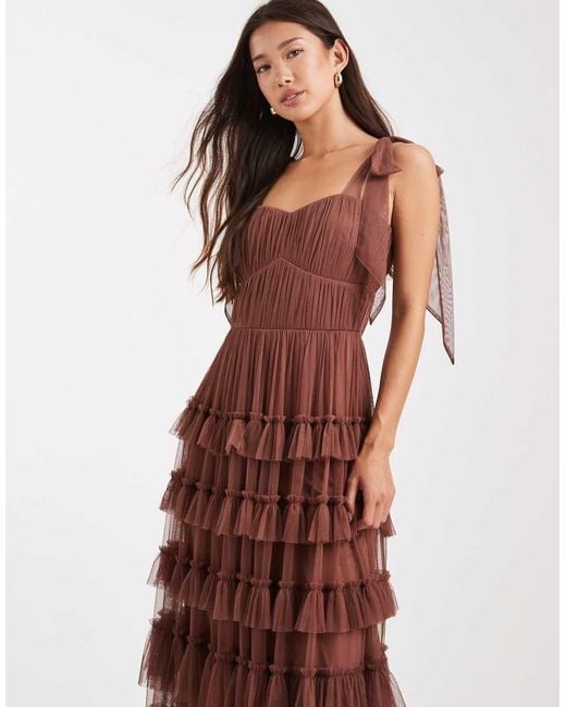 LACE & BEADS Brown Bridesmaid Bow Shoulders Tulle Maxi Dress