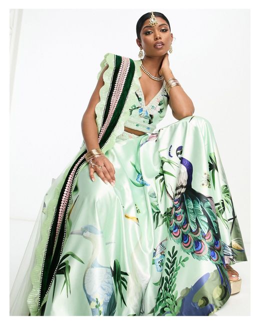A Star Is Born Green – lehenga-rock aus satin und dupatta-schal mit blumendruck