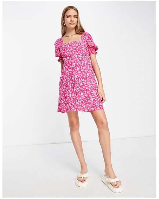 Vestido corto con estampado floral y detalle Mango de color Pink