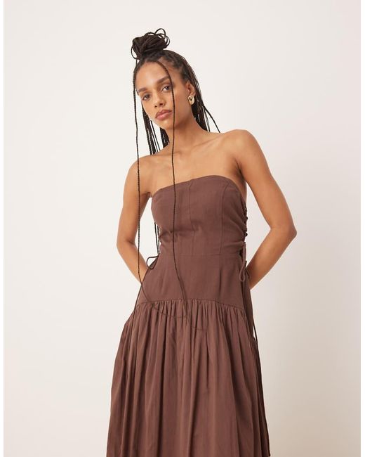 ASOS Brown Dropped Waist Bandeau Maxi Sundress With Lace Up Side