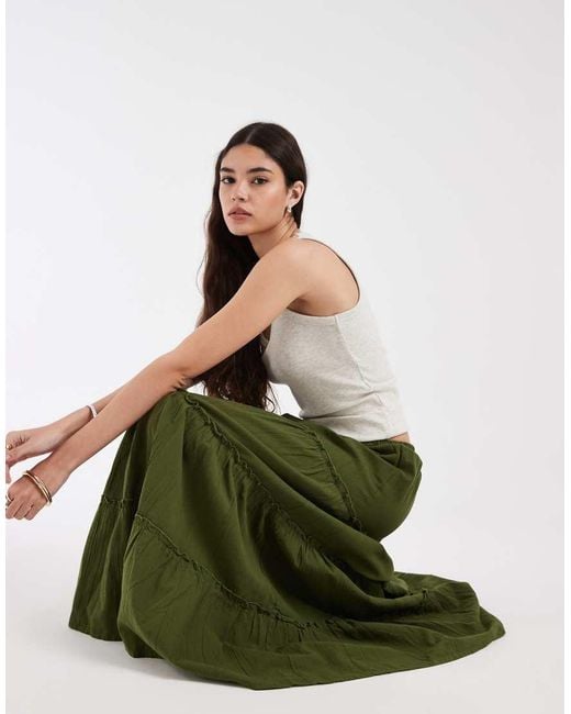 Pieces Green Crinkle Cotton Tiered Boho Maxi Skirt