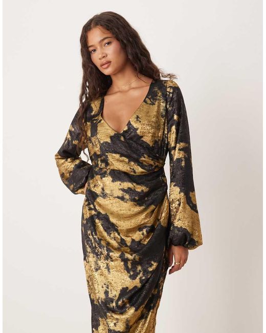 Lovedrobe Natural Long Sleeve Faux Wrap Gathered Midaxi Dress