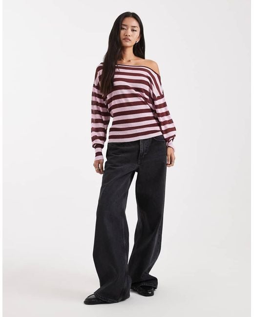 Collusion Red Off Shoulder Stripe Sheer Shimmer Top