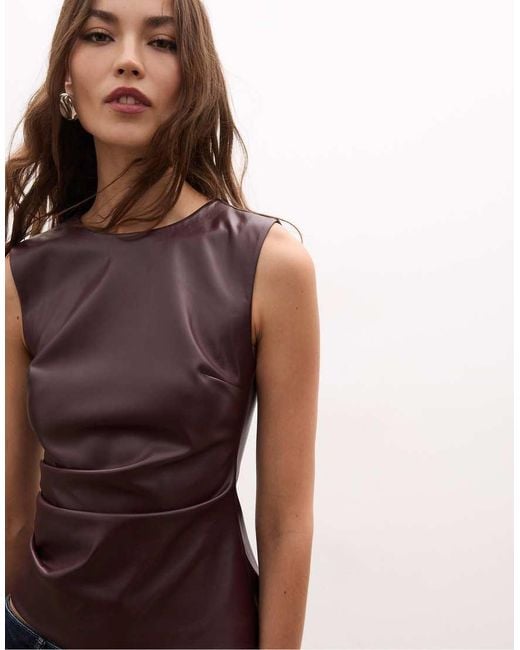 Stradivarius Brown Sleeveless Leather Effect Top