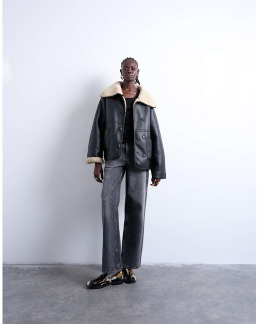 TOPSHOP Black Shearling Oversized Reversible Coat With Button Loop
