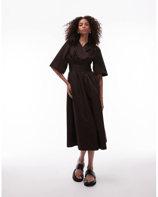 & Other Stories Black Poplin Midaxi Dress With Wrap Front And Puff Sleeves
