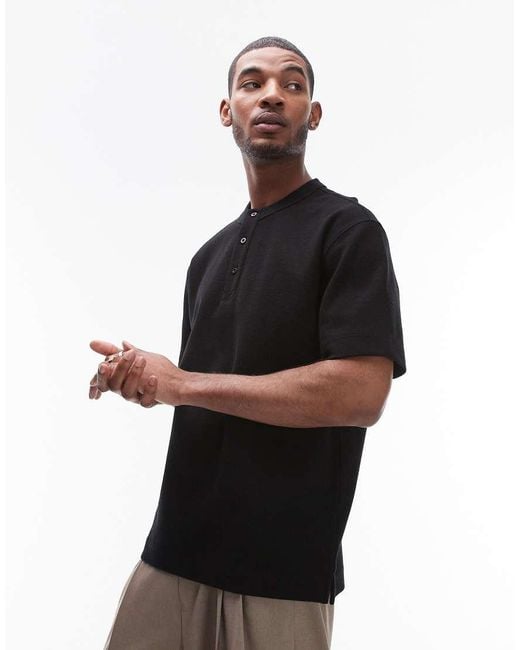 Topman Black Oversized Fit Textured Heavyweight Henley T-shirt for men