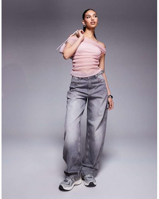 ASOS Top Van Aangerimpeld Mesh Met Korte Mouwen En Blote Schouders in het Gray